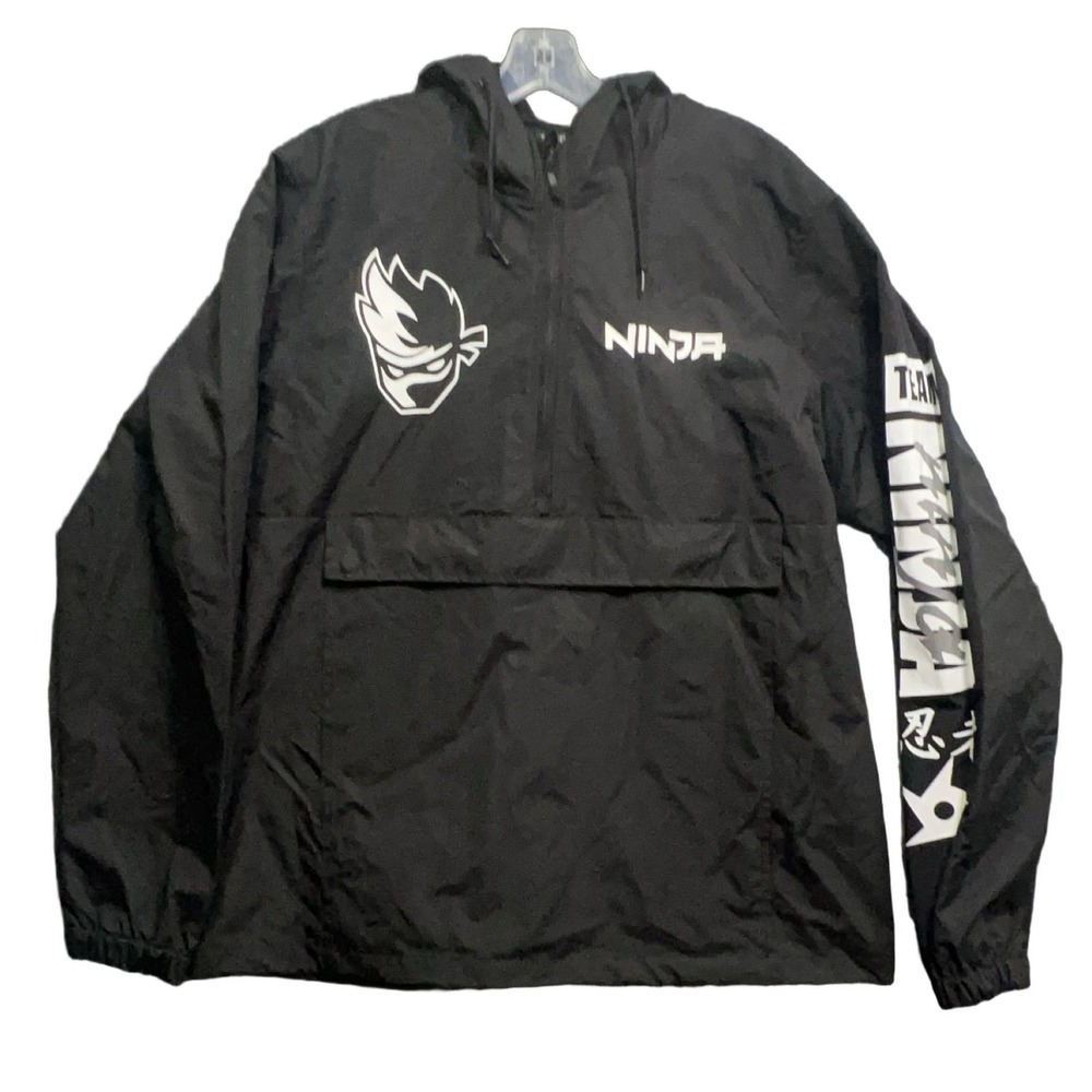 NINJA Windbreaker Jacket Mens Large Black Hooded Zip Logo Team Ninja RN 99052